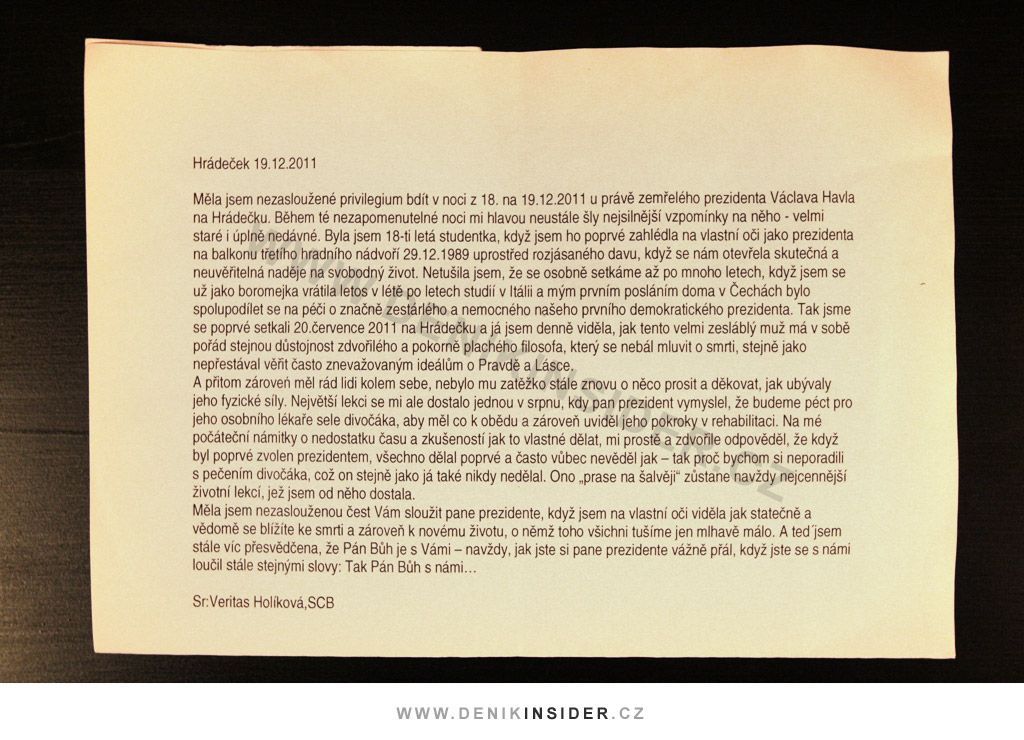Dokument: Rozloučení s Václavem Havlem, které u posmrtného lůžka sepsala sestra boromejka