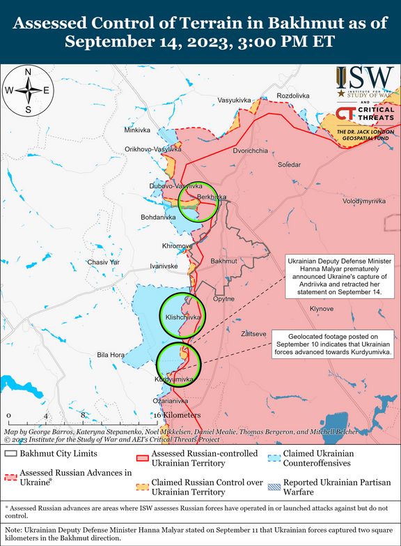 Mapa Institutu pro studium války (ISW), na které jsou vidět vesnice v okolí Bachmutu, o které se bojuje.