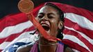 Athletics - World Athletics Championship - Women's 100m Final - National Athletics Centre, Budapest, Hungary - August 21, 2023 Sha'carri Richardson of the U.S. celebrates