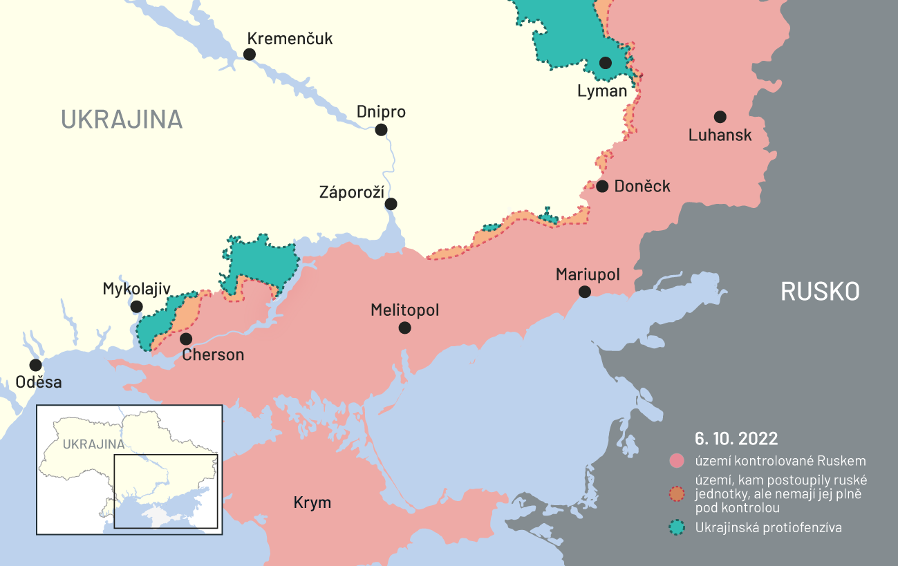 6. října 2022: Mapa bojů na Ukrajině (Jih Ukrajiny)