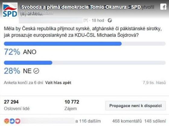 Anketa SPD o přijetí sirotků, kterou strana později z Facebooku smazala.
