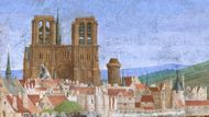 Miniatura Jeana Fouqueta zobrazuje Notre-Dame kolem roku 1450, s pohledem na jižní část Paříže a most Saint-Michel.