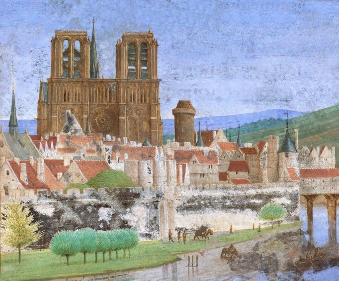 Miniatura Jeana Fouqueta zobrazuje Notre-Dame v Paříži kolem roku 1450, s pohledem na jižní část města a most Saint-Michel.