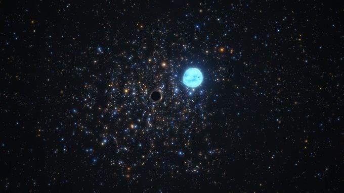 Umělecké ztvárnění nově objevené černé díry, která je 11x hmotnější než Slunce. Astronomové ji objevili ve hvězdokupě NGC 1850, kterou tvoří několik tisíc hvězd.