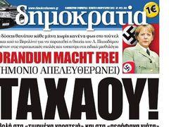 Řecký pravicový deník Dimokratia (Demokracie) vyšel s obrázkem kancléřky Merkelové v nacistické uniformě na titulní straně.