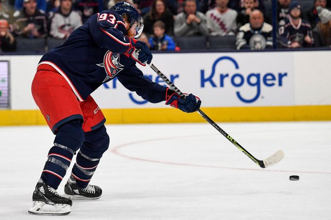 Nov 13, 2021; Columbus, Ohio, USA; Columbus Blue Jackets right wing Jakub Voracek (93) scores against the New York Rangers in the first period at Nationwide Arena. Mandat