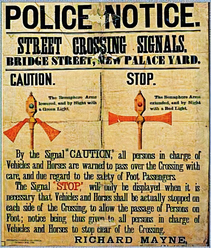 Policejní nákres fungování semaforu na Westminsterské ulic v Londýně, 1869.