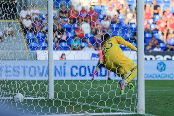 Překonaný brankář hostí Roman Stěpanov v zápase Evropské konferenční ligy Plzeň - Brest