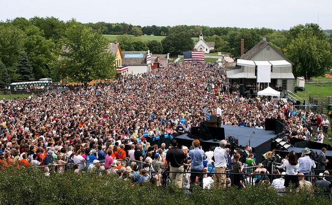 Sept. 1, 2012 "The overview of a campaign rally in Urbandale, Iowa. This view was from a scissors lift just above the press stand."