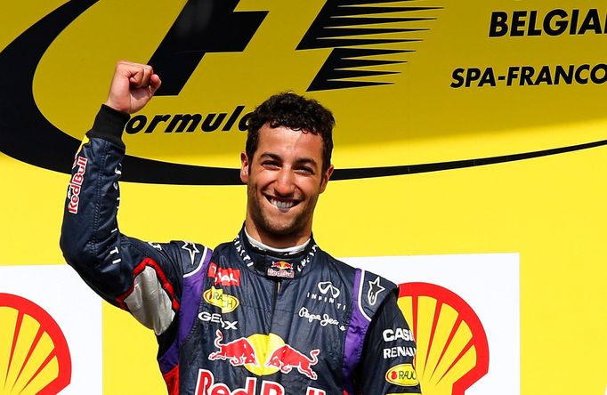 Red Bull Formula One driver Formula One driver Daniel Ricciardo of Australia celebrates after winning the Belgian F1 Grand Prix in Spa-Francorchamps August 24, 2014. Ricc