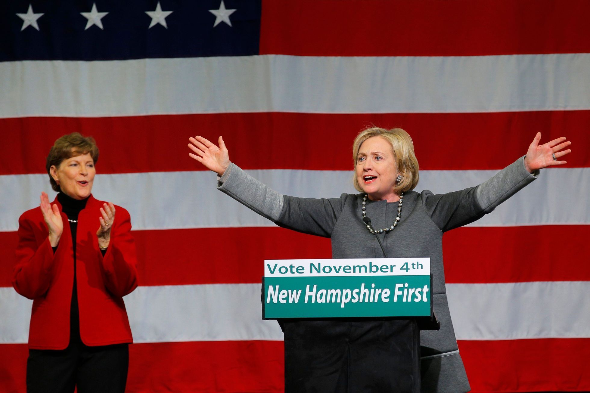 Hillary Clintonová na předvolebním mítinku ve státě New Hampshire.