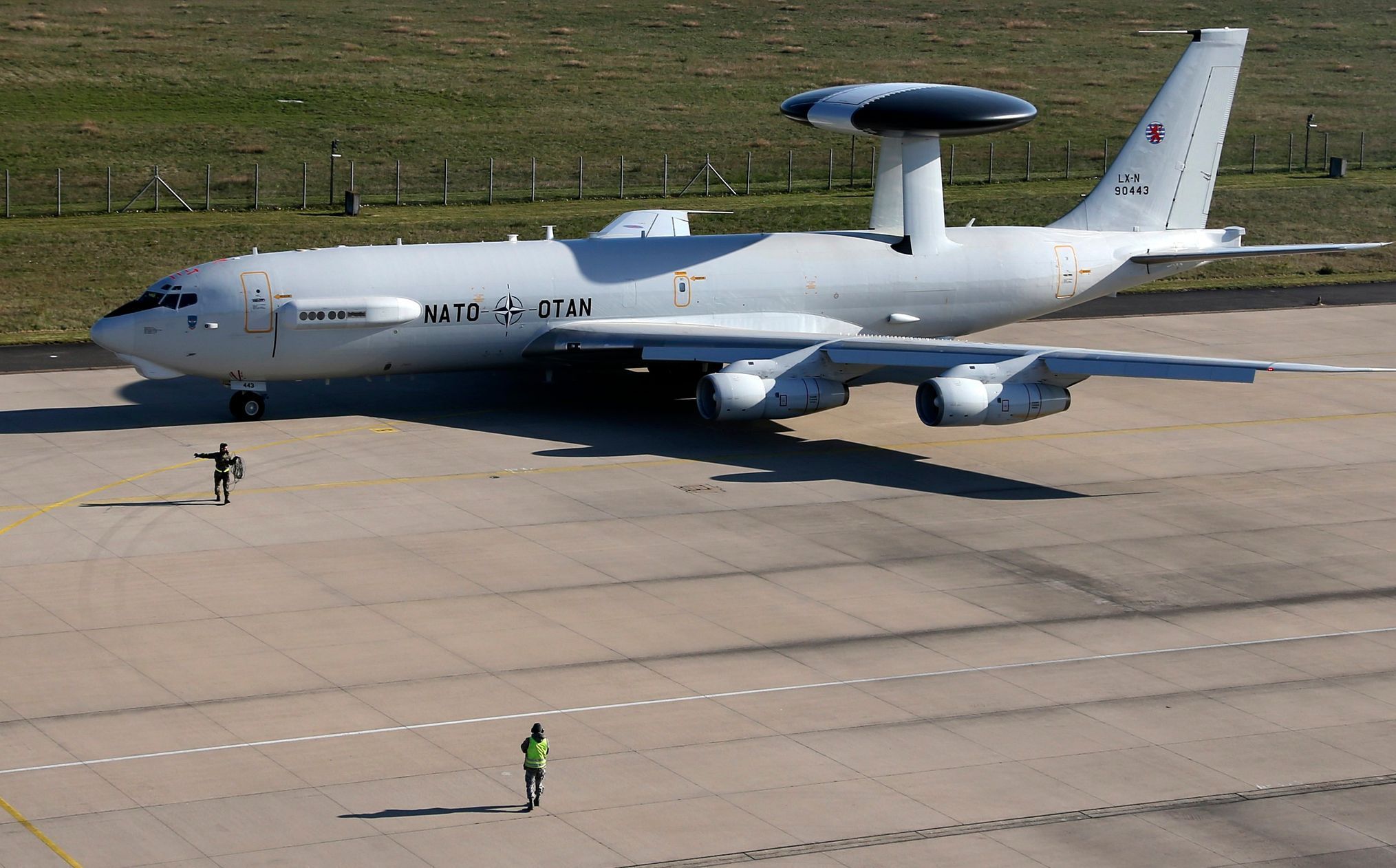 NATO AWACS aircraft prepares to take-off for a flight to Romania from the AWACS air base in Geilenkirchen, near the German-Dutch border