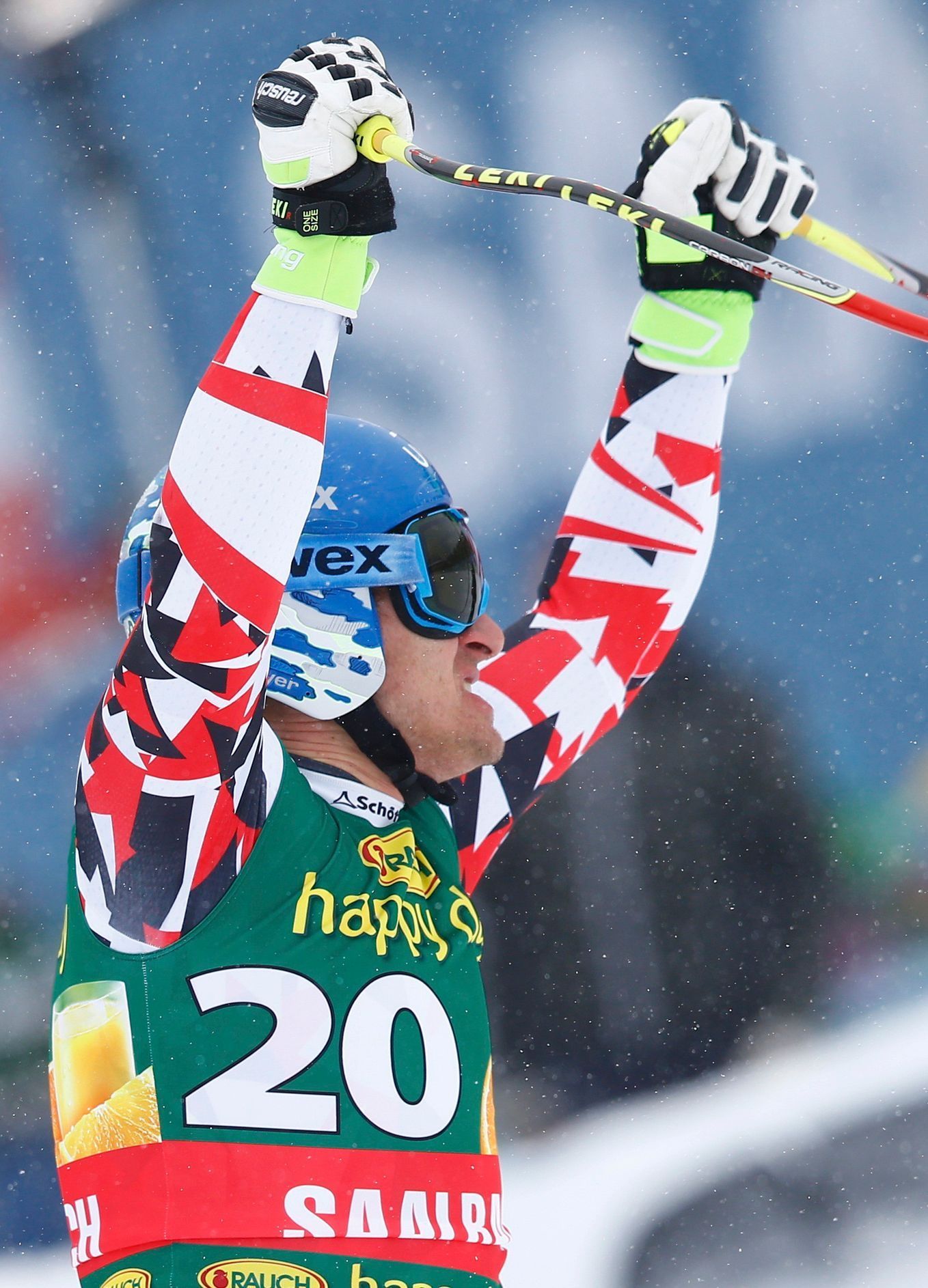 Mayer of Austria reacts in the finish area during the men's Super G of the Alpine Skiing World Cup in Saalbach