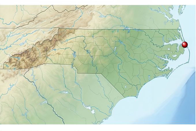 Mapa ukazuje polohu kolonie Roanoke na pobřeží Severní Karolíny (USA), místo prvních anglických pokusů o trvalé osídlení v letech 1585–1587.