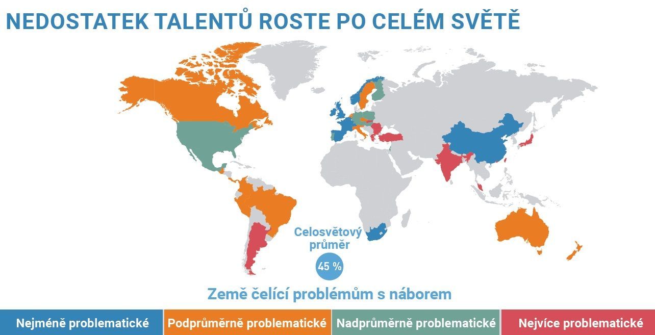 Mapa svět ManpowerGroup jak řešit nedostatek talentů