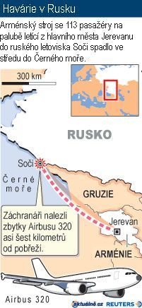 Mapa Soči - havárie letadla