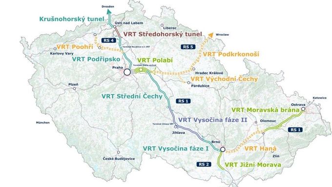 Plánovaná trasa vysokorychlostních tratí v Česku