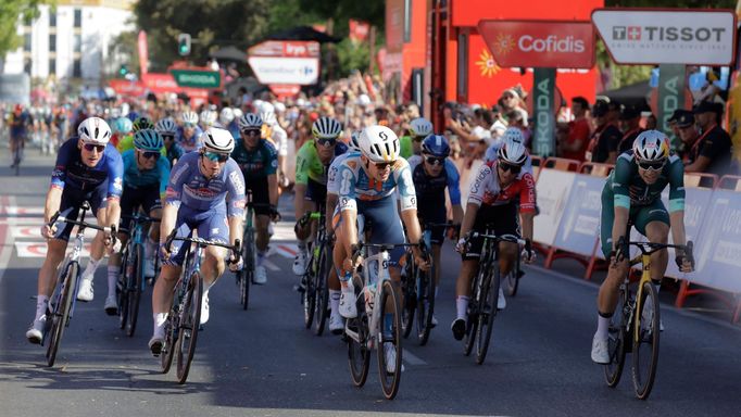 Cycling - Vuelta a Espana - Stage 5 - Fuente del Maestre to Seville - Spain - August 21, 2024 Team dsm-firmenich - PostNL's Pavel Bittner reacts after crossing the finish