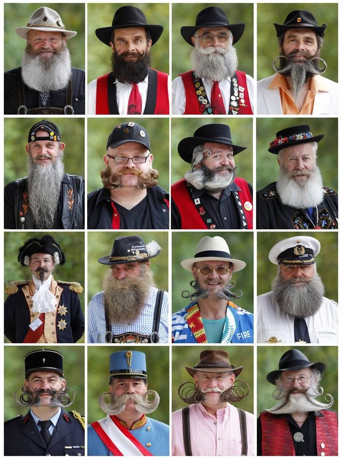 A combination photo shows participants during the 2012 European Beard and Moustache Championships in Wittersdorf near Mulhouse, Eastern France, September 22, 2012. More than a hundred participants competed in the first European Beard and Moustache Championships organized in France. REUTERS/Vincent Kessler (FRANCE - Tags: SOCIETY TPX IMAGES OF THE DAY) Published: Zář. 22, 2012, 6:40 odp.