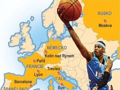 Mapa zachycující turné týmu NBA po Evropě. V Trevisu bude jen kemp Phoenixu. Řím, Lyon, Bacelona, Moskva, Paříž a Kolín nad Rýnem uvidí také zápasy.