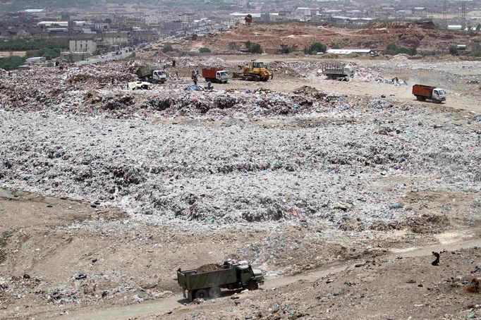 A general view shows a garbage disposal site near Sanaa