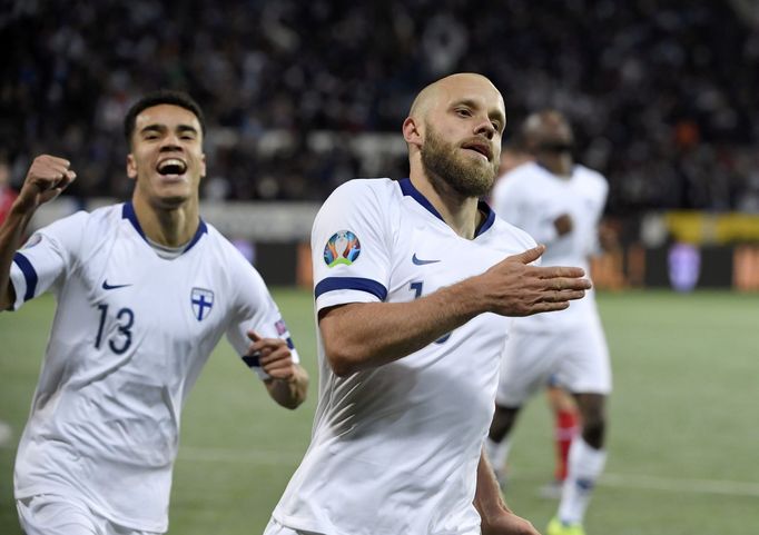 Soccer Football - Euro 2020 - Group J Qualification - Finland v Liechtenstein - Helsinki, Finland November 15, 2019. Teemu Pukki (R) of Finland celebrates his goal with P