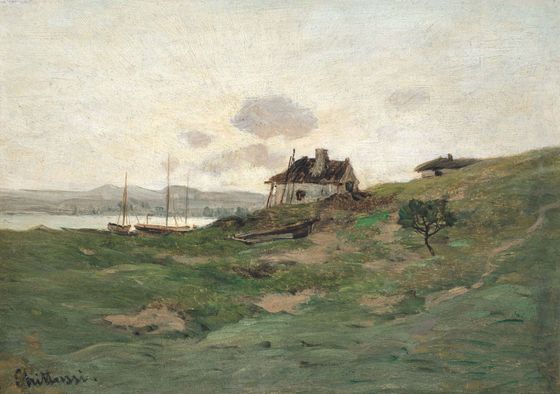Obraz malovaný na dřevěné desce Domky u břehu pochází z první poloviny 80. let devatenáctého století.