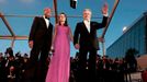 Alain Delon (R), French Culture Minister Aurelie Filippetti (C) and Paris Mayor Bertrand Delanoe