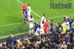 Video: Fanoušek Evertonu s dítětem v náručí chtěl v utkání Evropské ligy praštit brankáře Lyonu
