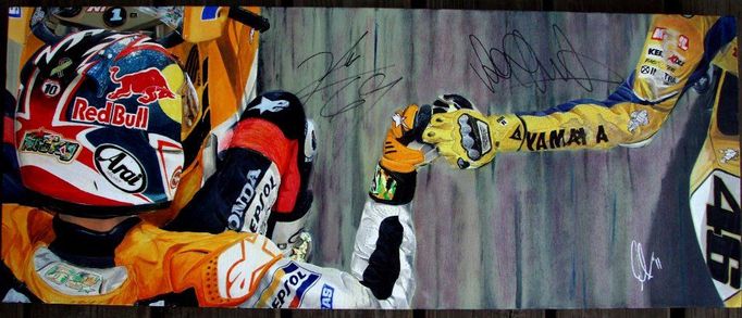 Nicky Hayden a Valentino Rossi si podávají ruku po posledním závodě sezony 2006, který rozhodl o Haydenově titulu MotoGP. Olej na plátně.