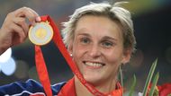 Česká oštěpařka Barbora Špotáková během vítězství na Letních olympijských hrách 2008 v Pekingu.