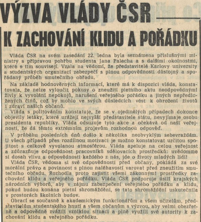 Výzva Československé vlády publikovaná na stránkách Rudého práva dne 23. 1. 1969.