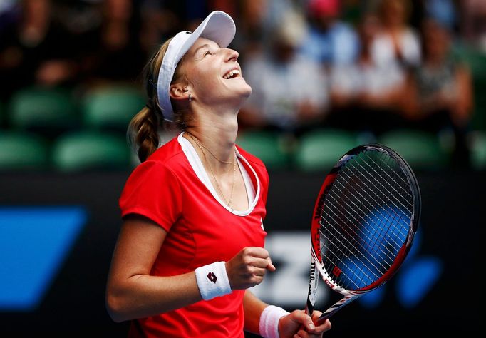 Ekaterina Makarova of Russia celebrates after defeating Simona Halep of Romania in their women's singles quarter-final match at the Australian Open 2015 tennis tournament