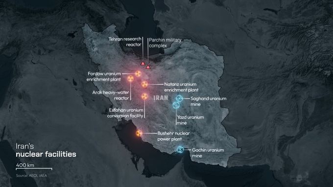 Mapa klíčových jaderných zařízení v Íránu