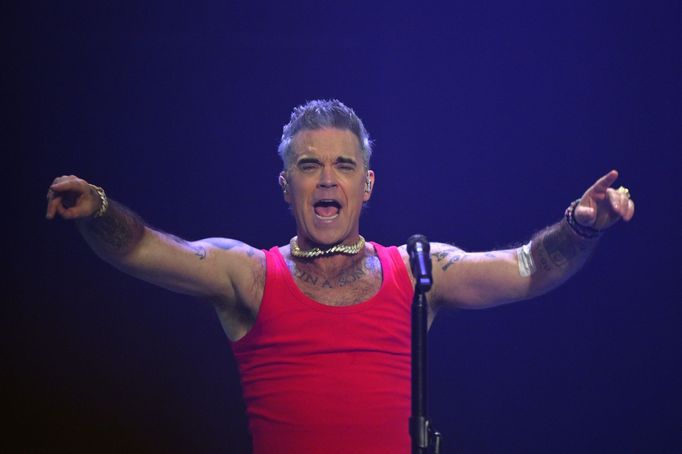 Zpěvák Robbie Williams během svého nedělního koncertu v pražské O2 areně.