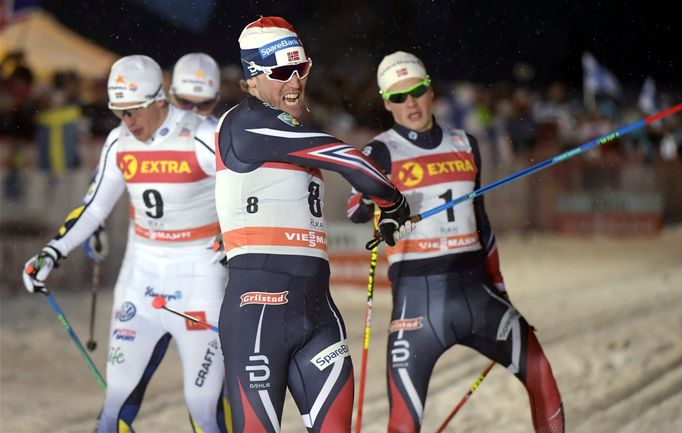 Winner Paal Golberg of Norway celebrates the victory men's Sprint Classic final at FIS Ruka Nordic 2016 World Cup season opening in Kuusamo