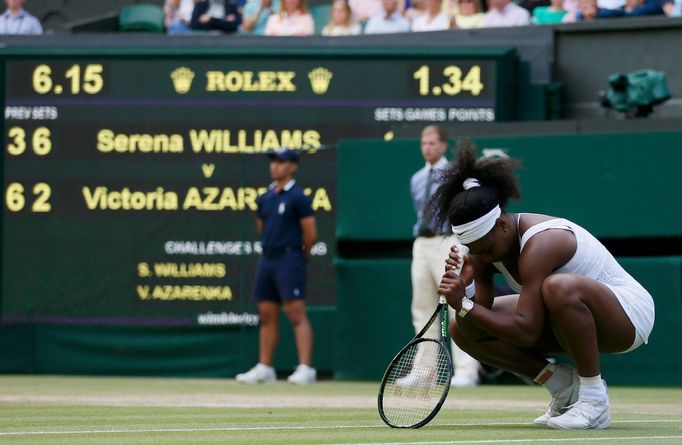 Serena Williams of the U.S.A. reacts during her match against Victoria Azarenka of Belarus at the Wimbledon Tennis Championships in London