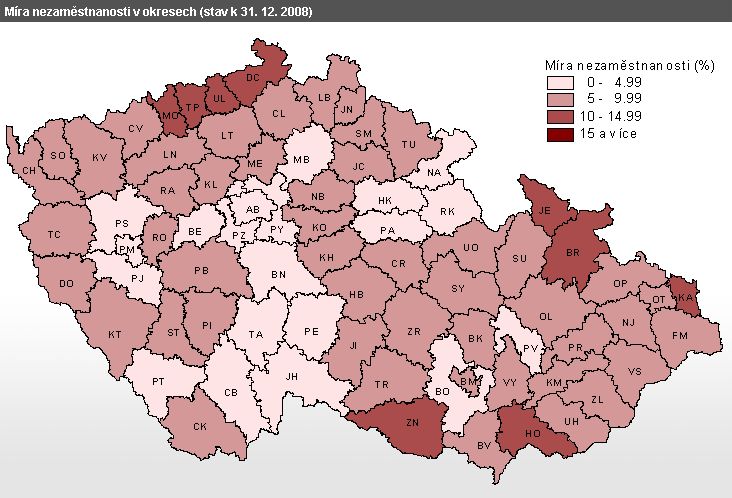 mapa - Míra nezaměstnanosti v okresech (stav k 31. 12. 2008)