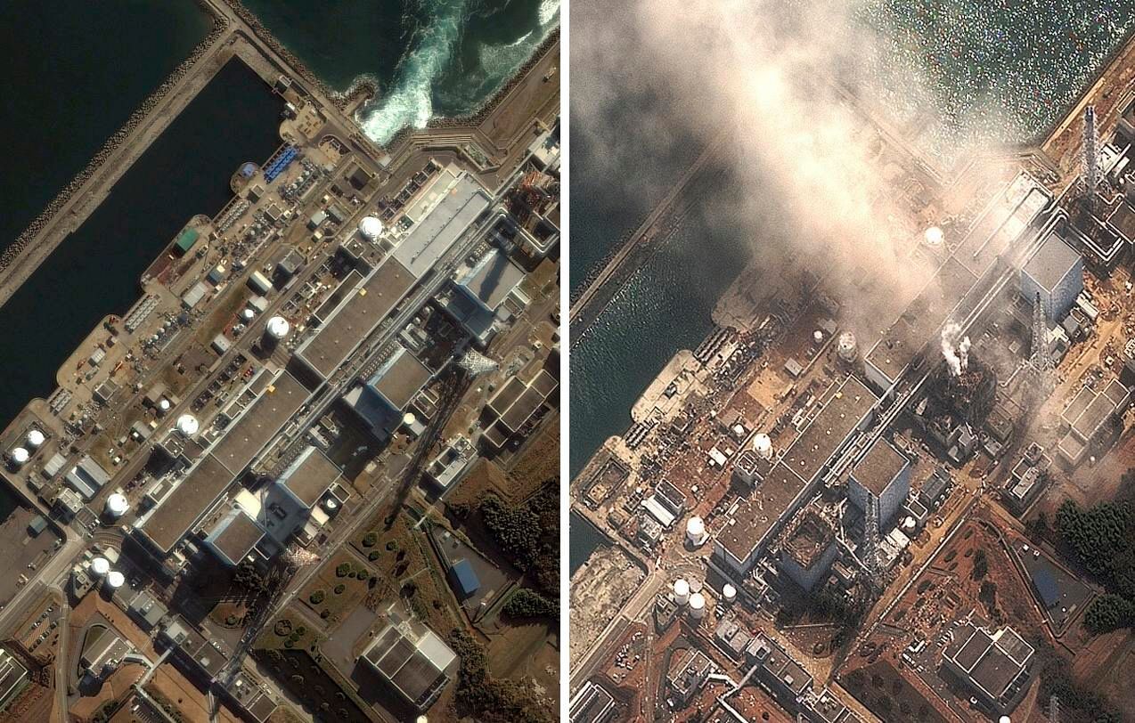 Japonská elektrárna Fukušima dříve a nyní po zničujících explozích