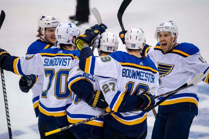 Apr 29, 2019; Dallas, TX, USA; St. Louis Blues defenseman Alex Pietrangelo (27) celebrates with teammates after scoring a goal against the Dallas Stars during the third p