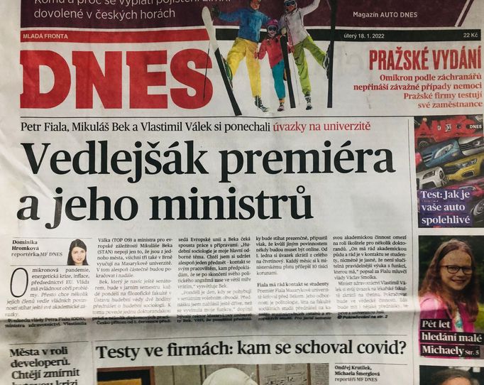 MF Dnes píše o univerzitním "vedlejšáku" premiéra Petra Fialy a ministrů Mikuláše Beka a Vlastimila Válka.