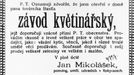 Inzerce na "květinářský závod" Jana Mikoláška v dobovém tisku v roce 1918