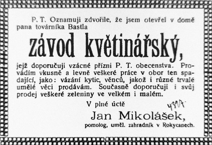 Inzerce na "květinářský závod" Jana Mikoláška v dobovém tisku v roce 1918