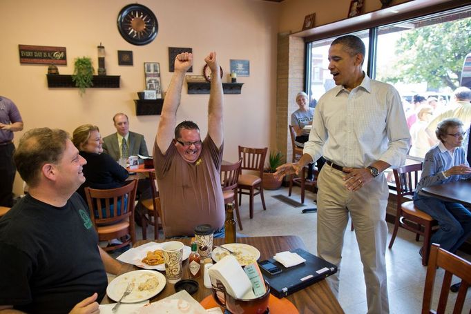 Aug. 14, 2012 "How about a White House beer? The President was greeting patrons at Coffee Connection in Knoxville, Iowa, when this customer asked him about the White House beer. The President said he thought he might have some on his campaign bus and asked an aide to check. A few minutes later, the President delivered a bottle and the customer reacted in celebration." (