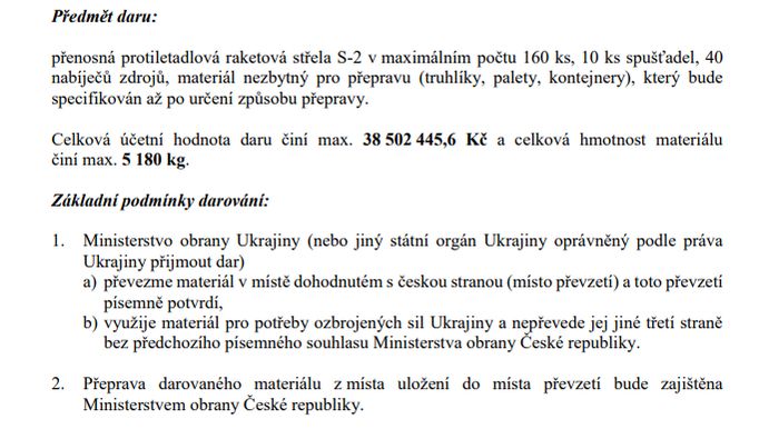 Příloha vládního usnesení z 27. února o vojenské pomoci Ukrajině. Už o den dříve kabinet schválil dar za 188 milionů, jde o kulomety, útočné pušky, pistole a munici.