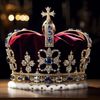 Koruna britského krále s diamanty a safíry, symbol moci a dědictví. Fotografováno v roce 2024, zachycuje královské insignie, střežené jako součást korunovačních klenotů.