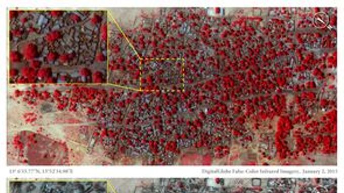 Satelitní snímky oblastí zpustošených útokem Boko Haram.