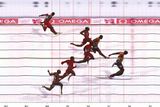Cílová fotografie. Jamajský sprinter zvítězil v čase 9,63 sekundy, a překonal tak svůj olympijský rekord z Pekingu. Za světovým rekordem z MS v Berlíně v roce 2009 zaostal o pouhých 5 setin.