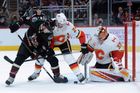 NHL 2019/20, Arizona - Calgary: Christian Dvorak (Arizona) a Travis Hamonic (Calgary) bojují o puk před brankářem Davidem Rittichem