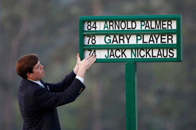 Player, Nicklaus, Palmer na tabuli při zahájení golfového turnaje Masters 2014